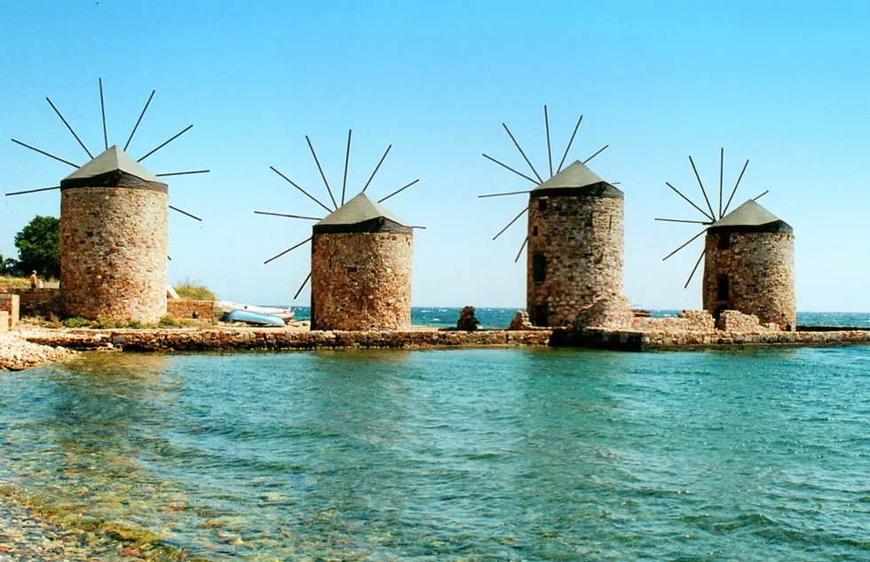 Europe in spring: Windmills in Chios, Greece